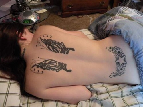 Wings And Star Lower Back Tattoo